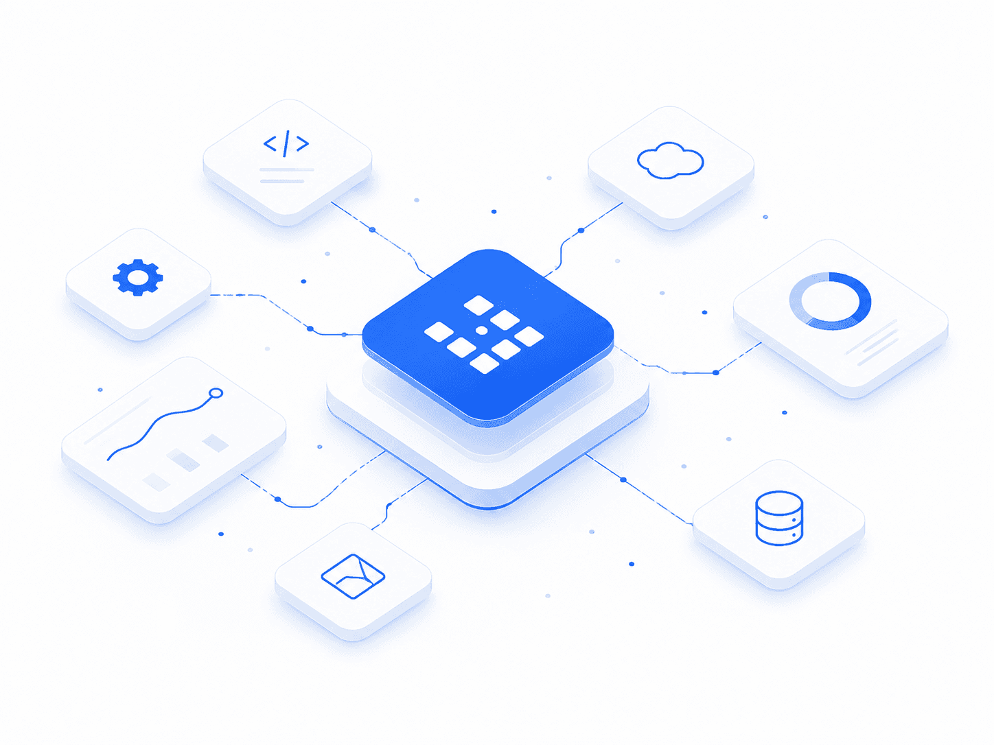 An UmbrStack node at the centre of a network of connected tiles — code, cloud, settings, analytics, database, and messaging — representing the stack UmbrStack builds and automates.