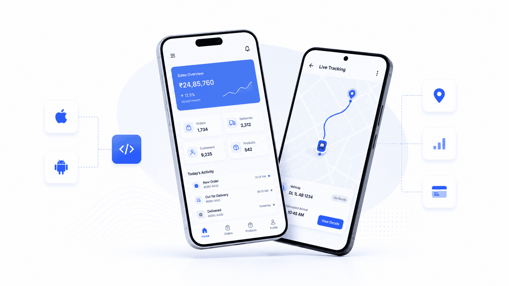 Two phones running the same app from one codebase — a sales dashboard with orders, deliveries and today's activity, and a live vehicle-tracking screen with a route map and estimated arrival — flanked by iOS, Android, location, analytics, and payment marks.